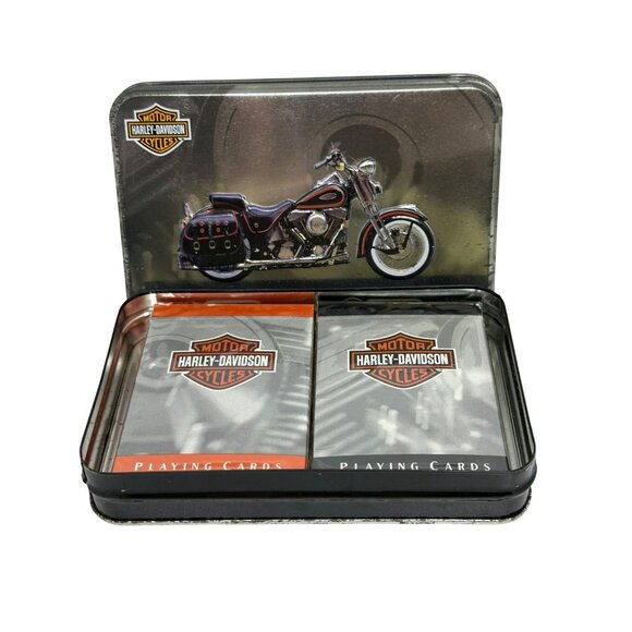 Harley-Davidson 2 Deck Playing Cards Set in Motorcycle Tin | Orange & Black - Picture 1 of 10